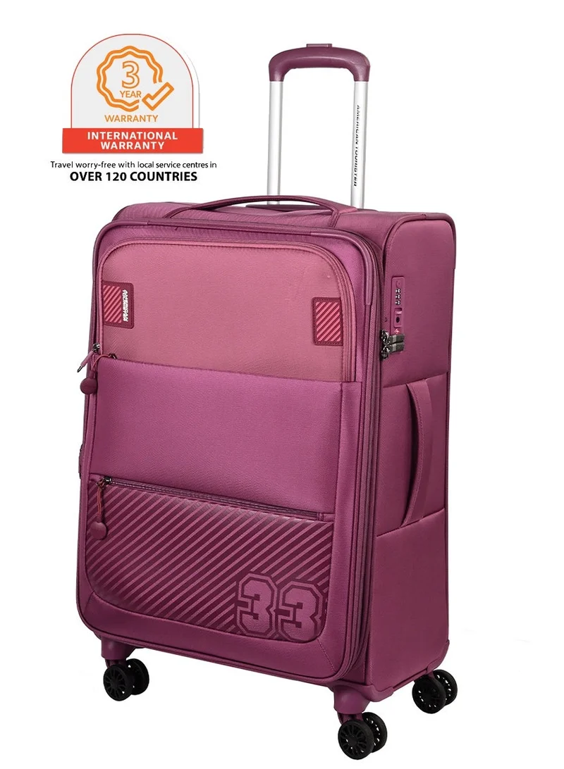 AMERICAN TOURISTER Majoris + Suitcase, Check-In Size 70 cm / 26 inch, 4 Spinner Wheels, Soft Top, 100% Polyester, Wineberry|Corner Guards|Multi Front Pocket|TSA Combination Lock|Expandable|Retractable Aluminum Handle - 3 Years International Warranty